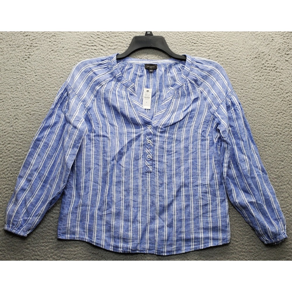 Talbots Blouse Top Womens Petite Multi Striped Linen Long Sleeve Button Front